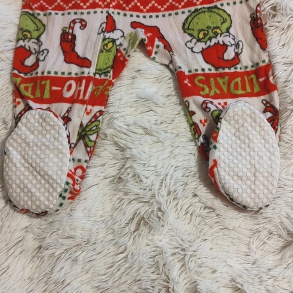 🎄Grinch Toddler Long Sleeve Fleece Christmas Zip-Up Footie Pajamas Size 12 Mos